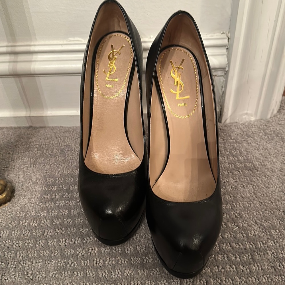YSL Yves Saint Laurent Black Hidden Platform Stiletto Heel Leather Shoes 38.5